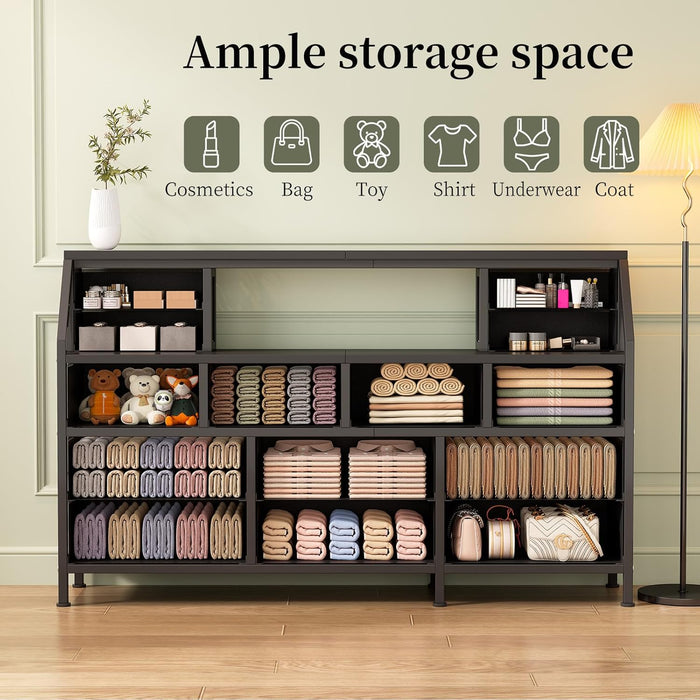 55" W Dresser for Bedroom with 14 Drawers, Chest of Drawers with Open Shelf, Fabric Storage Tower with Metal Frame & Wood Top, TV Stand Organizer for Clothes & Accessories (Black PU)