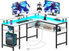 Computer Desk L Shaped 56.7" with LED Lights and Power Outlets, Reversible L Shaped Gaming Desk with Monitor Stand, Home Office Desk with Storage, Desk with USB Port and Hook, White