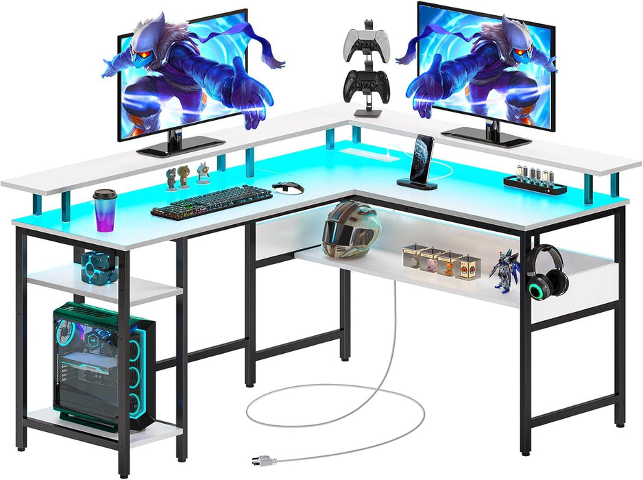 Computer Desk L Shaped 56.7" with LED Lights and Power Outlets, Reversible L Shaped Gaming Desk with Monitor Stand, Home Office Desk with Storage, Desk with USB Port and Hook, White