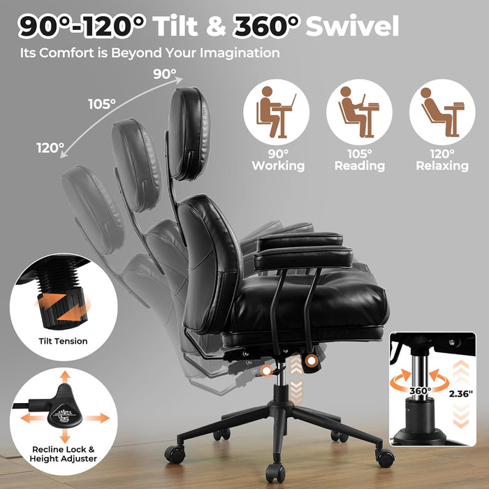 Ergonomic Home Office Chair, Mid-Century Modern Leather Chair with Lumbar Support, High Back Swivel Rolling Executive Chair with Comfy Thick Cushion (Black, PU Leather)