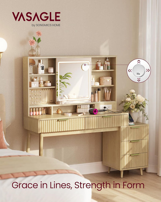 Oak Beigewash Vanity Desk Sliding Mirror Illumination