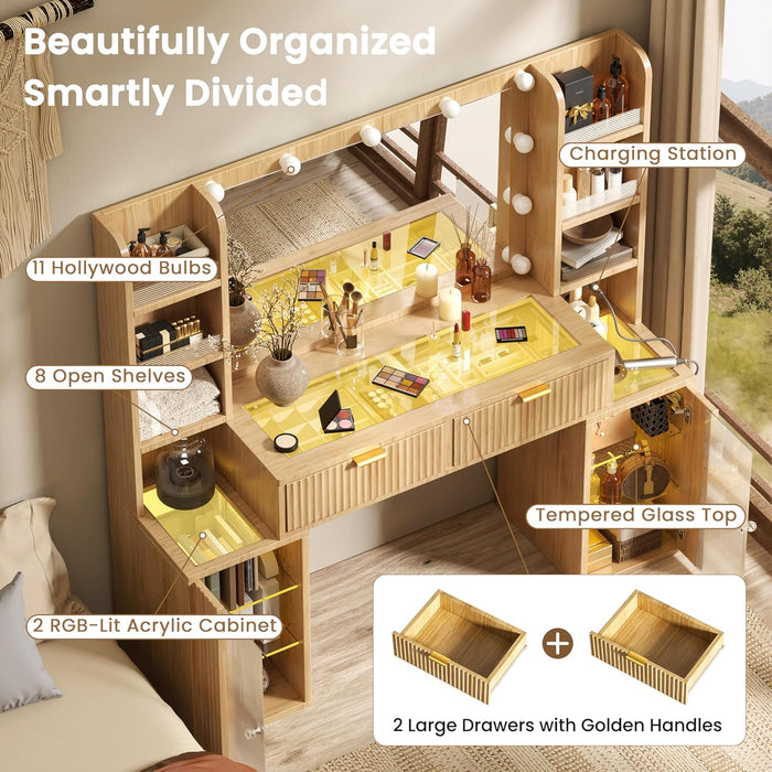 56'' Fluted Makeup Vanity Desk with Large 36" Mirror & Hollywood Bulbs, Smart RGB Lights, Glass Top Vanity with 8 Open Shelves, 2 RGB Drawers & Acrylic Cabinets, Big Vanity with Charging Station, Oak