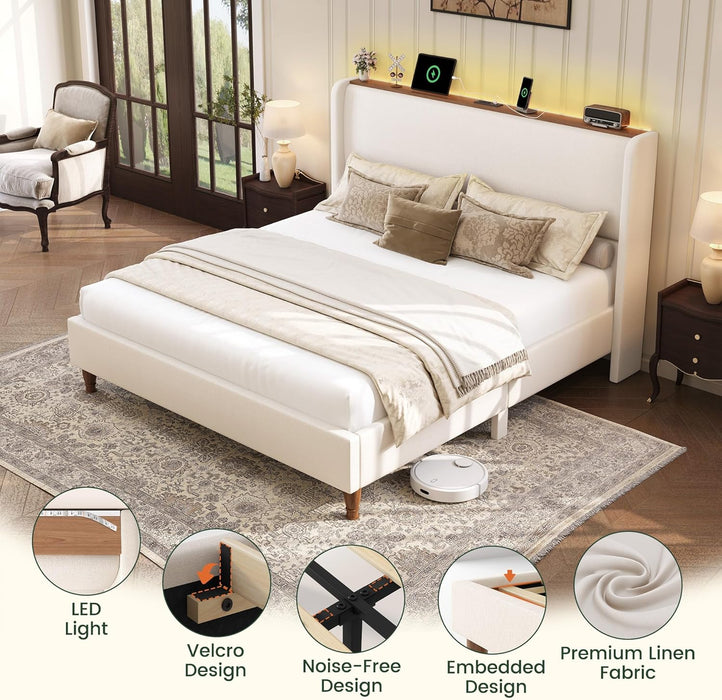 Queen Size Bed Frame with LED Lights and Charging Station Linen Upholstered Platform Bed Frame with 51.2" Tall Headboard Wingback and Storage Shelf, No Box Spring Needed, Noise Free, Beige