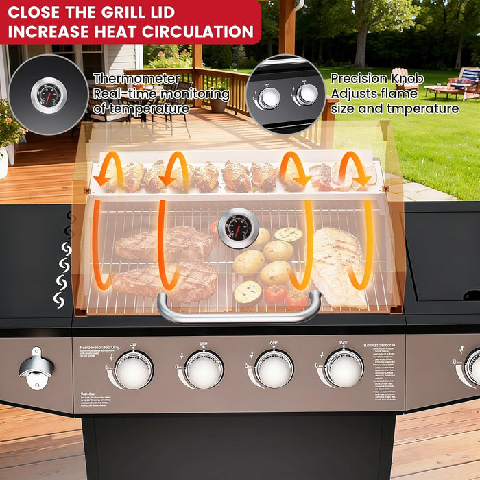 4-Burner Propane Gas Grill with Side Burner, 50,000 BTU Gas BBQ Grill with Stainless Steel Grates,Easy-Clean Grease, Side Tablesfor Patio, Camping, Backyard