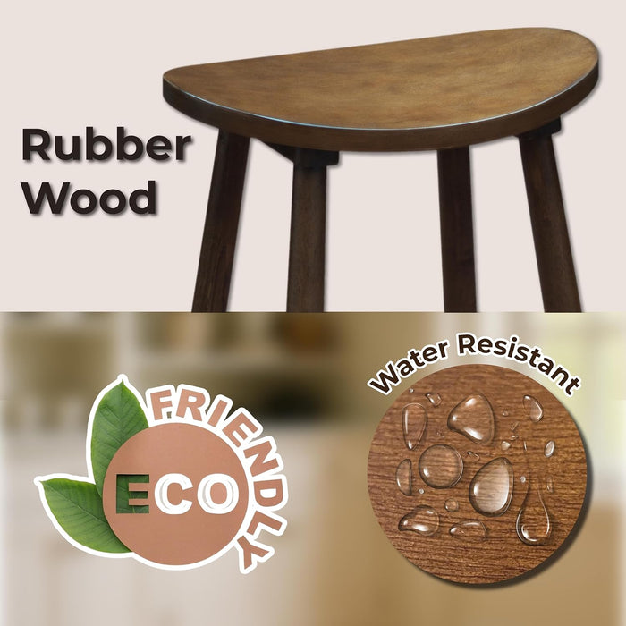 Nora 30" Backless Bar Stool, Solid Rubber Wood, Brown Finish, Saddle Seat for Kitchen or Bar