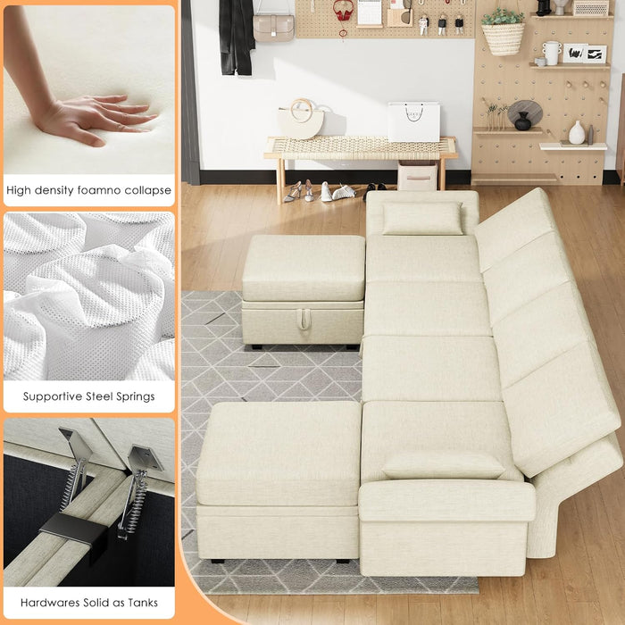 Modular Sectional Sofa, 5 Seats Chenille Sofa Set for Living Room, Convertible U Shaped Sectional Couch with Lagre Storage Ottoman, Sleeper Sofa for Office, Beige