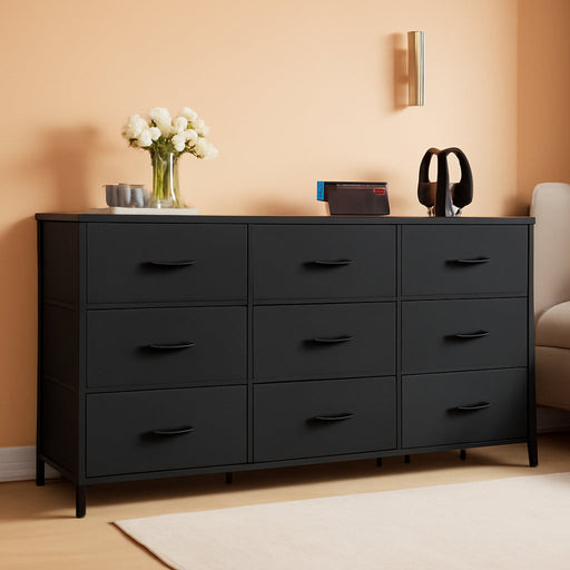 47''W Dresser for Bedroom, Black Dresser TV Stand for 45, 50, 55 Inch TV, Wide Chest of Drawers with 9 Drawer, Large Entertainment Center, Fabric Dressers with Wood Top for Closet, Living Room