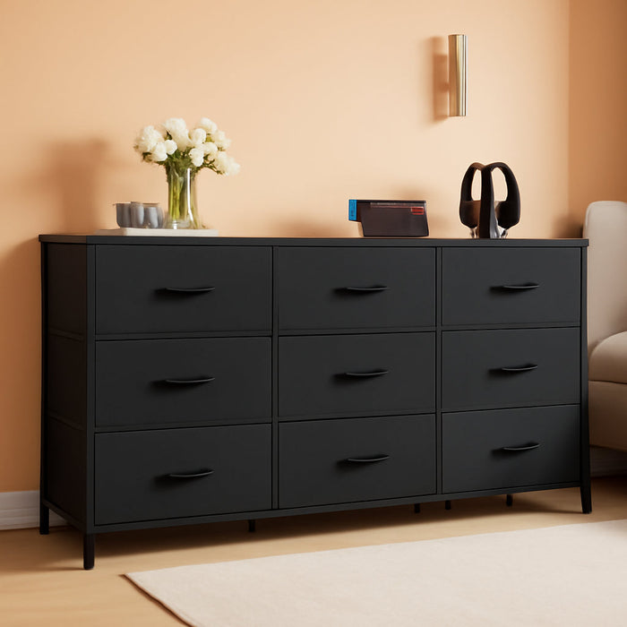 47''W Dresser for Bedroom, Black Dresser TV Stand for 45, 50, 55 Inch TV, Wide Chest of Drawers with 9 Drawer, Large Entertainment Center, Fabric Dressers with Wood Top for Closet, Living Room