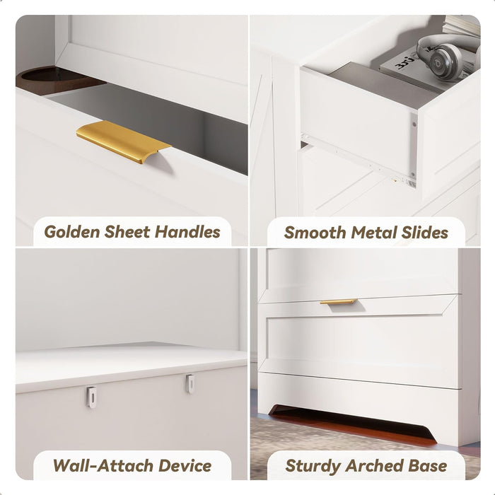 White 4 Drawer Dresser for Bedroom, Tall Bedroom Dresser with Large Drawer & Golden Handles, Wooden Storage Organizer Cabinet Chest of Drawer for Closet, Living Room, Hallway, Children'S Room