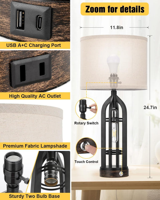 Table Lamps for Living Room - Black Bedside Lamp for Bedroom with USB C+A & Outlet, Farmhouse Lamps for Night Stands, 3-Way Dimmable Touch Lamps for Living Room with Oat Shade(Single)