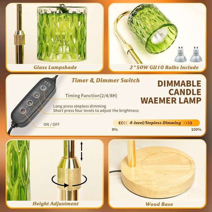 Candle Warmer Lamp with Timer and Dimmable, Electric Wax Melt Warmers Height Adjustable with 2 Bulbs, Christmas Gifts for Women Mom House Warming, Modern Home Decor for Scented Jar Candles Green