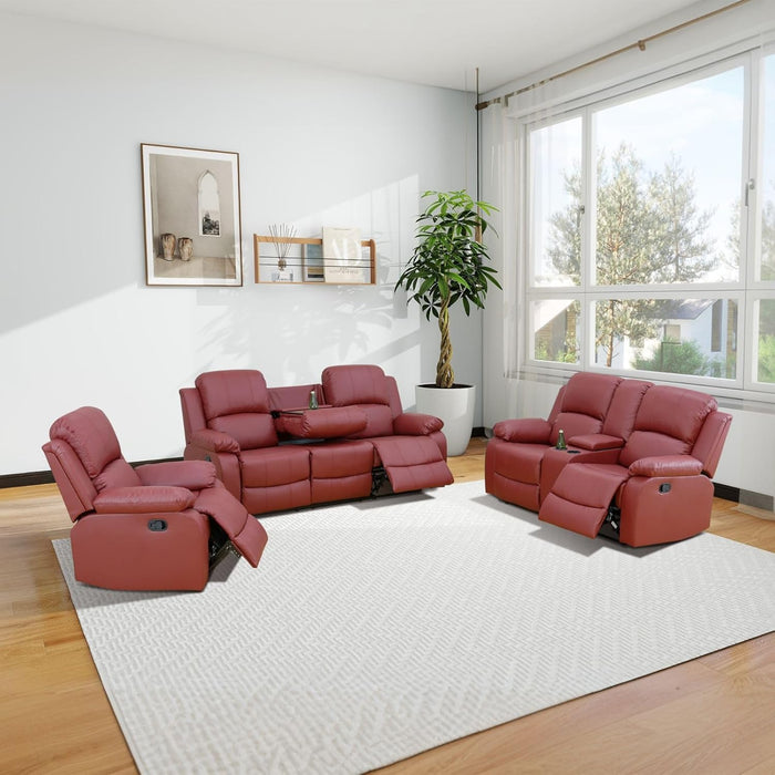 Manual Leather Recliner Sofa Set for Living Room Furniture Set,Leather Recliner Couch Set for Home/Office,Leather Reclining Sofa Set for 3-Pieces(Sofa+Loveseat+Chair) Red