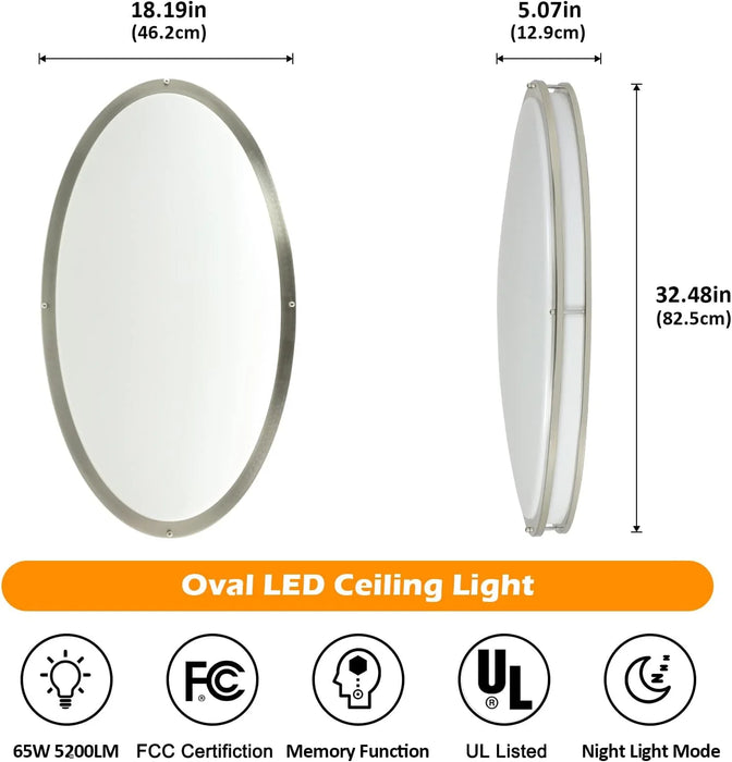 32" Oval LED Ceiling Light Fixture, 65W Dimmable LED Flush Mount Ceiling Light with Remote, 3 Color Adjustable, Brush Nickel Finish for Living Room Bedroom Dining