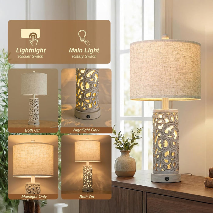 Bedside Table Lamps Set of 2 with USB & Night Light, 22'' Farmhouse Bedroom Lamps for Nightstand, Vintage Table Lamps for Bedroom Living Room Home Offce (Bulb Included)