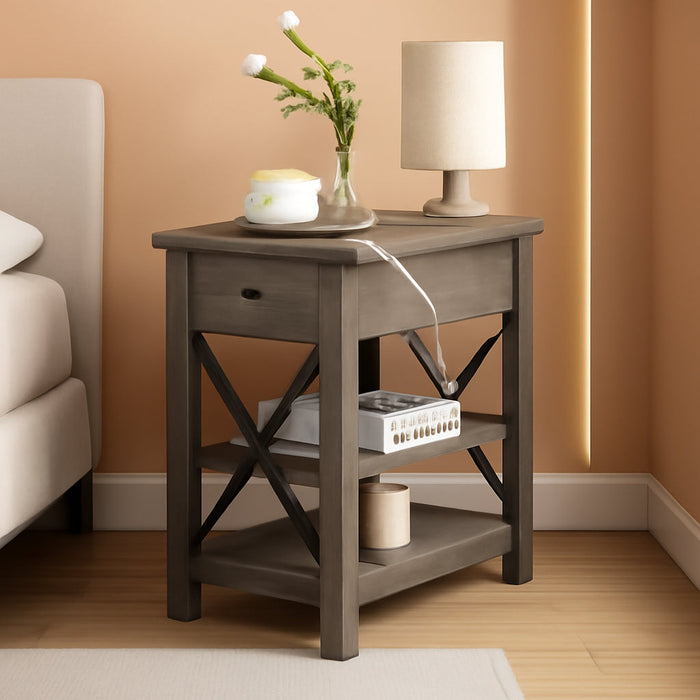 Farmhouse Slim Side Table with Charging Station