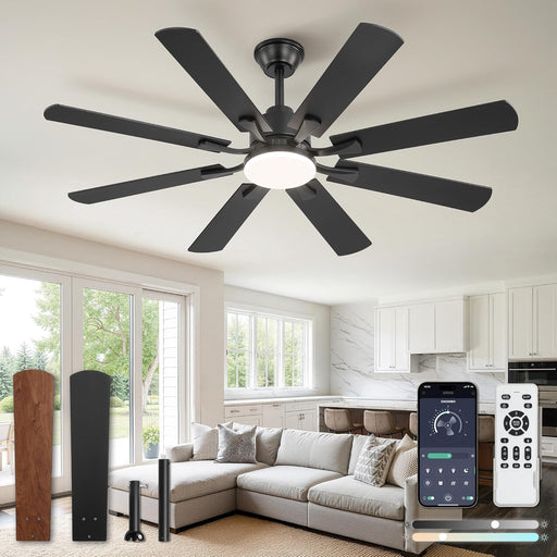 52 Inch Ceiling Fan with Light and Remote, 8 Blades Ceiling Fans with 20W LED Light, Quiet DC Motor, 6 Speeds, Stepless Color Temperature Change & Dimmable, for Bedroom Living Room, Black