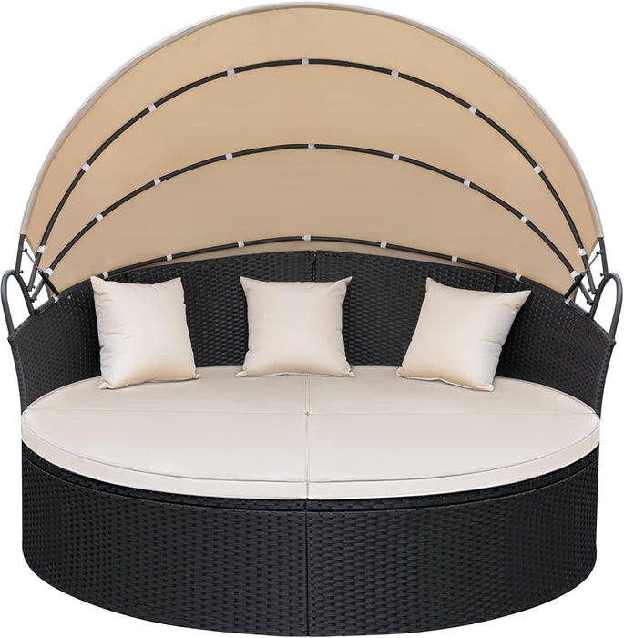Patio Furniture round Outdoor Daybed with Retractable Canopy Wicker Rattan Sectional Sofa for Lawn Garden Backyard Pool, Beige