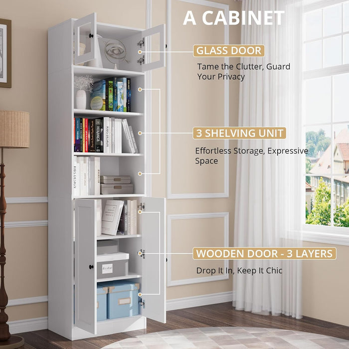 85.5 Inch Tall Bookshelf with Doors - 7 Tier Bookcase with Glass Doors and Drawer, 23.6" Wide Storage Cabinet with Open Shelves for Living Room, White Book Shelf for Home Office, Study (AAAA)