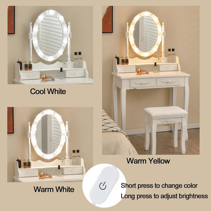 Makeup Vanity Table with 10 LED Lights, Adjustable Brightness, 3 Color Light Modes, 4 Drawers, Rotatable Mirror, Cushioned Stool, Vanity Desk Dressing Table Bedroom Furniture (White)