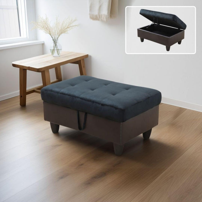 L-Shaped 3-Piece Lint and PVC Sofa with Storage Ottoman Set, Sectional Couch Sofa Set for Living Room, Office, Small Space, Dark Blue and Brown