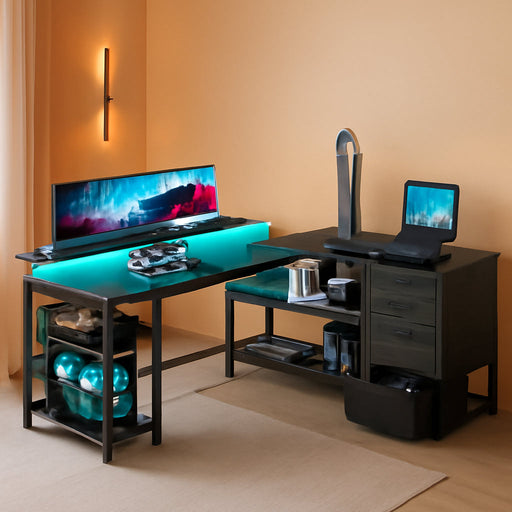 61" L Shaped Desk with Drawer, Computer Desk with Power Outlets & LED Lights, Reversible Corner Gaming Desk for Home Office Workstation, Office Desk with Monitor Shelf, Pure Black