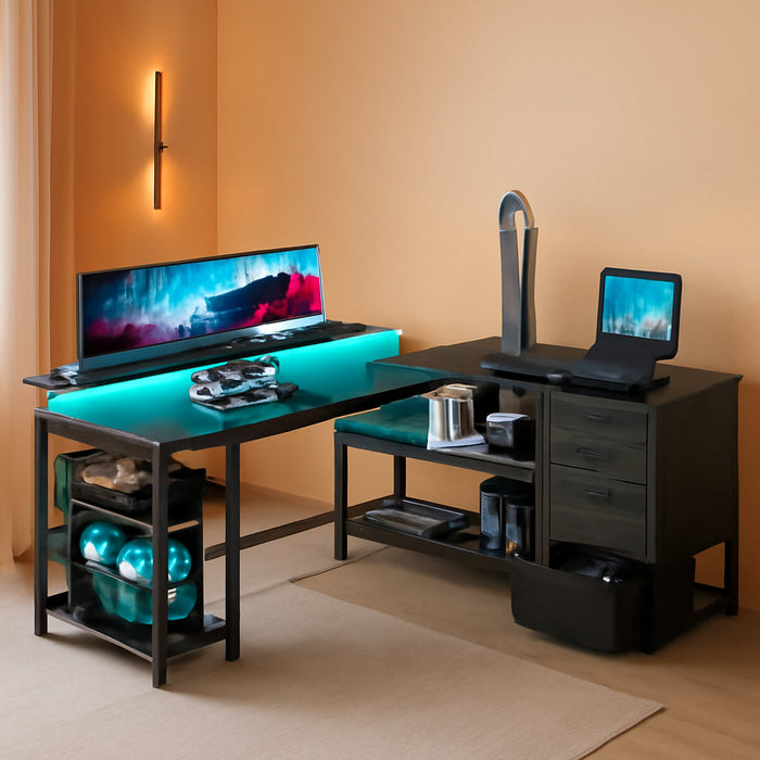 61" L Shaped Desk with Drawer, Computer Desk with Power Outlets & LED Lights, Reversible Corner Gaming Desk for Home Office Workstation, Office Desk with Monitor Shelf, Pure Black