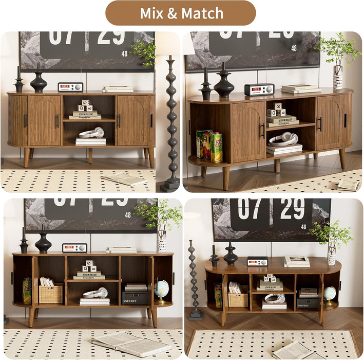 51" Fluted TV Stand, Mid-Century Modern Entertainment Center for Tvs up to 60" with Drawers and Fluted Doors, Curved TV Media Console Table with Sliding Doors for Living Room, Bedroom (51")