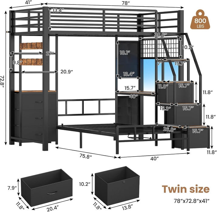 Charcoal Twin Bunk Bed With ChargingStation Drawers