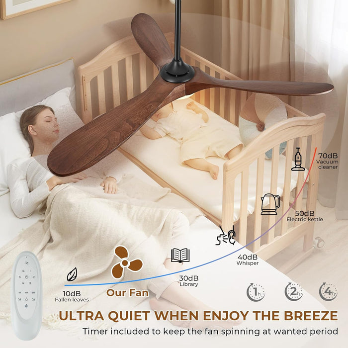 52" Ceiling Fans with Lights and Remote Control, Outdoor Ceiling Fan with Lights High CFM Quiet 3 Blade Wood Walnut Fan, Propeller Ceiling Fan for Outdoor/Indoor,Deep Walnut