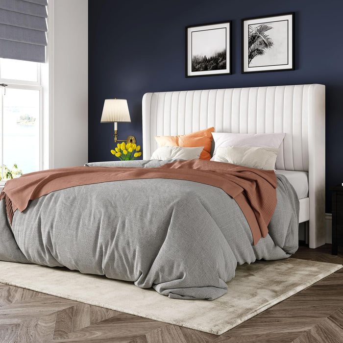 Queen Size Velvet Bed Frame/Vertical Channel Tufted Wingback Headboard/Upholstered Platform Bed/Strong Wooden Slats/No Box Spring Needed/Easy Assembly/White