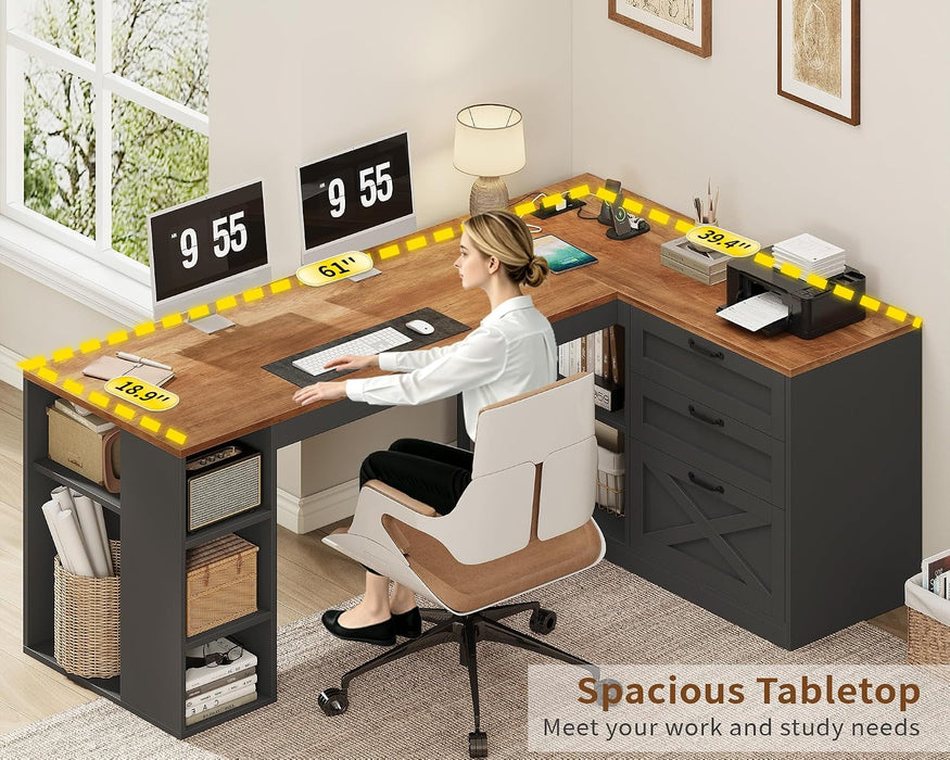 Farmhouse L Shaped Computer Desk with Drawers, Power Outlet for Home Office