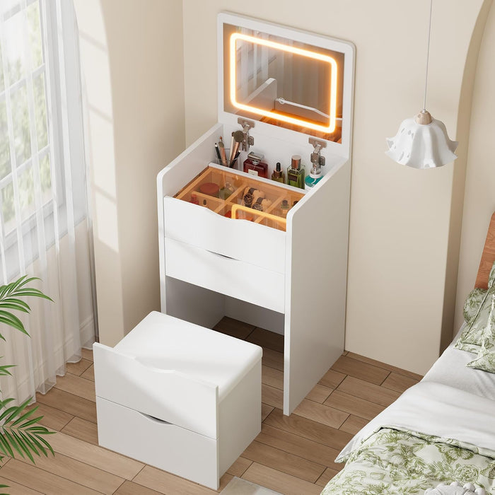 Compact Vanity Desk with Mirror and Lights, 19 Inch Hidden Makeup Vanity Cabinet with Storage Drawers & Shelves, Small Vanity Table for Bedroom, Flip Top Vanity for Small Spaces, White