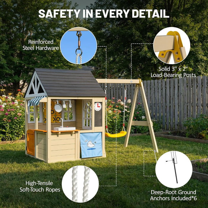 Natural Cedar Outdoor Playhouse With Swing TicTacToe
