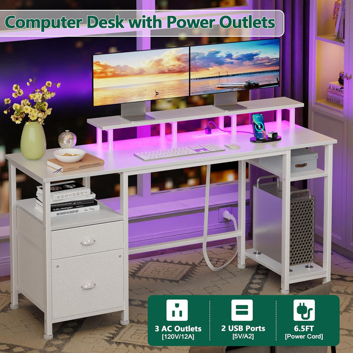 61Inch Computer Desk With IntegratedPowerOutletLED