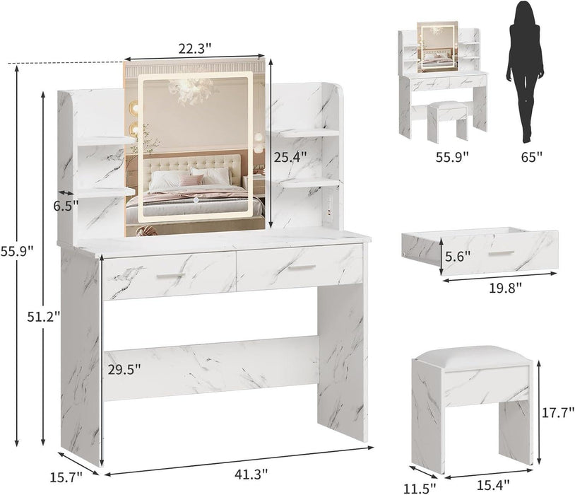 Vanity Desk with Lights | Tri-Mode LED Lighted Mirror & Charging Station | Makeup Vanity Set with 6 Shelves, 2 Drawers, Soft Cushion Stool | Dimmable Vanity Desk for Bedroom (Marble White)