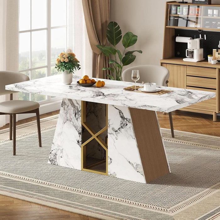 71 Inch Modern White Dining Table for 6-8 People, Large Faux Marble Kitchen and Dining Room Table,Rectanglar Dinner Table with Metal Frame for Dining Room, Living Room, White