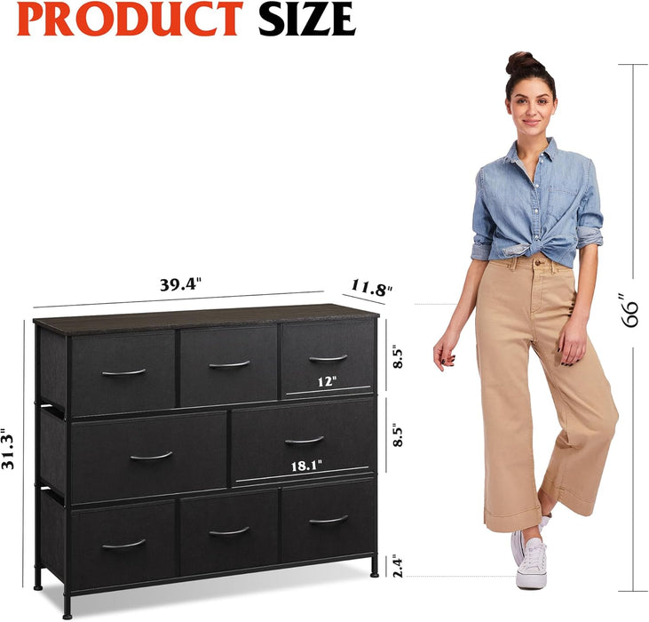 8 Drawer Dresser for Bedroom, Fabric Black Dresser with Large Storage Drawer Unit for Entryway, Chest of Drawers for Living Room