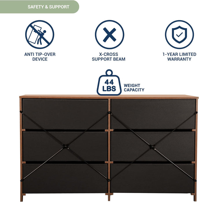 6-Drawer Dresser W/Fabric Drawers, Modern,Storage Chest,Walnut