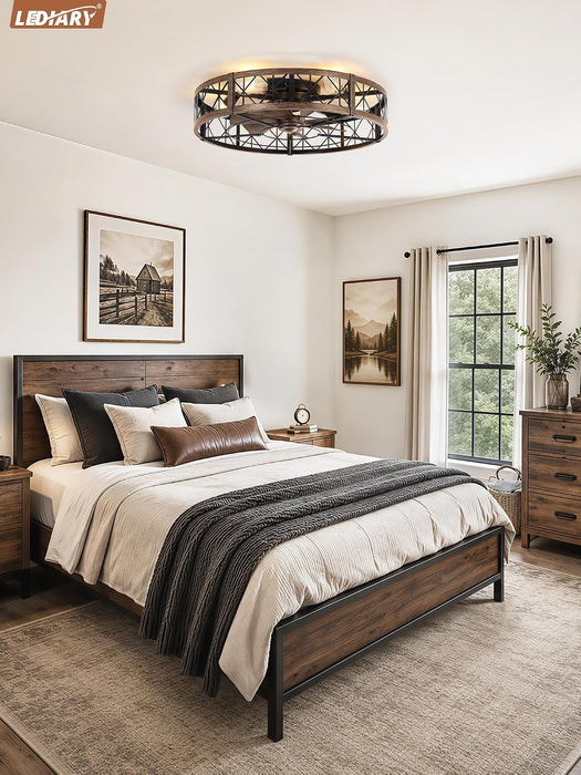 26" Flush Mount Caged Ceiling Fan with Light and Remote, Black Gold