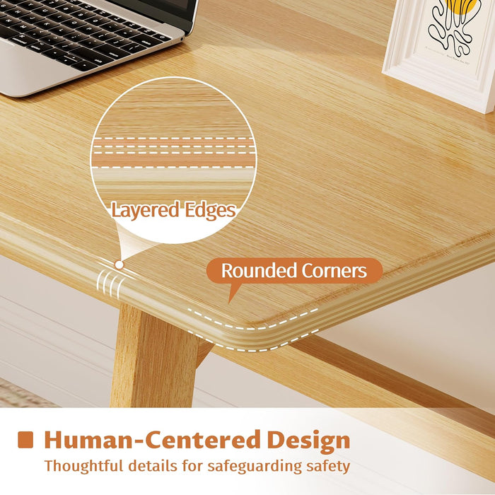 Solid Wood Writing Table - 60" W Minimalist PC Computer Desk, Oak