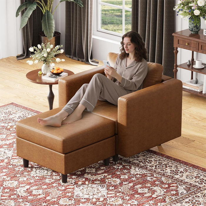 Faux Leather Oversized Accent Chair with Storage Deep Seat Single Sofa Large Reading Armchair for Living Room Bedroom Office Brown