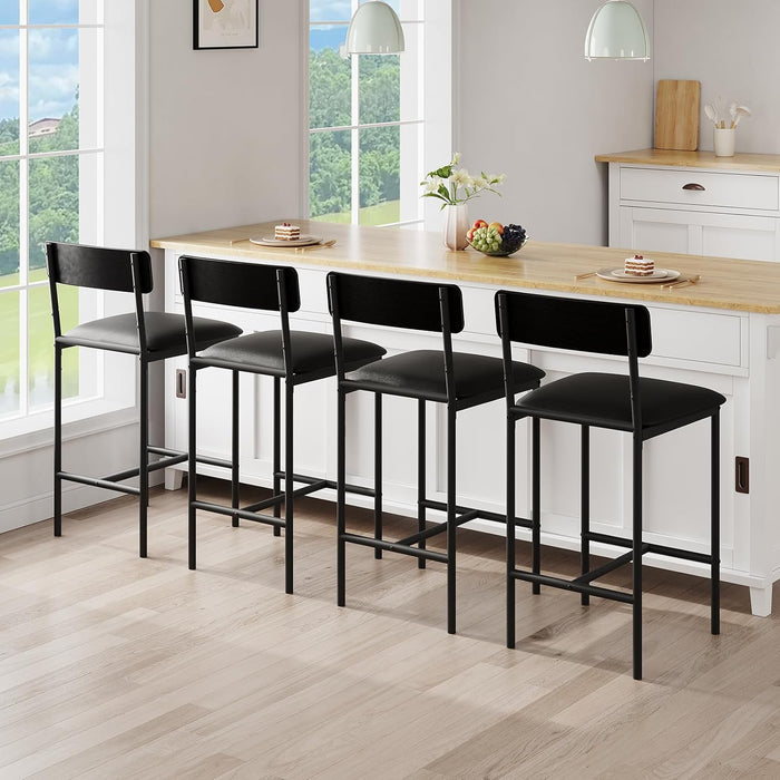 Bar Stools Set of 4, Kitchen Counter Height Chairs, 25.5 Inches Upholstered Black Barstools with Back, Bar Height Chairs for Counter Bar, Island, Easy Assembly