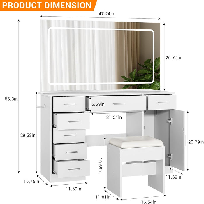 Vanity with Chair and Mirror and 7 Drawers Storage, White Makeup Vanity Desk with Lights, Vanitys Set with 3 Light Mode and Brightness Adjusted, Make up Table with Hairdryer Holder for Bedroom