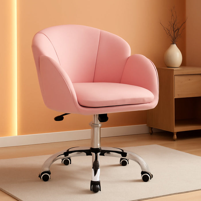 Cute Petal Desk Chair Home Office Chair Swivel Upholstered Leather Desk Chair Makeup Vanity Chair with Armrests for Bedroom Modern Computer Rolling Chair for Women Simple Pink