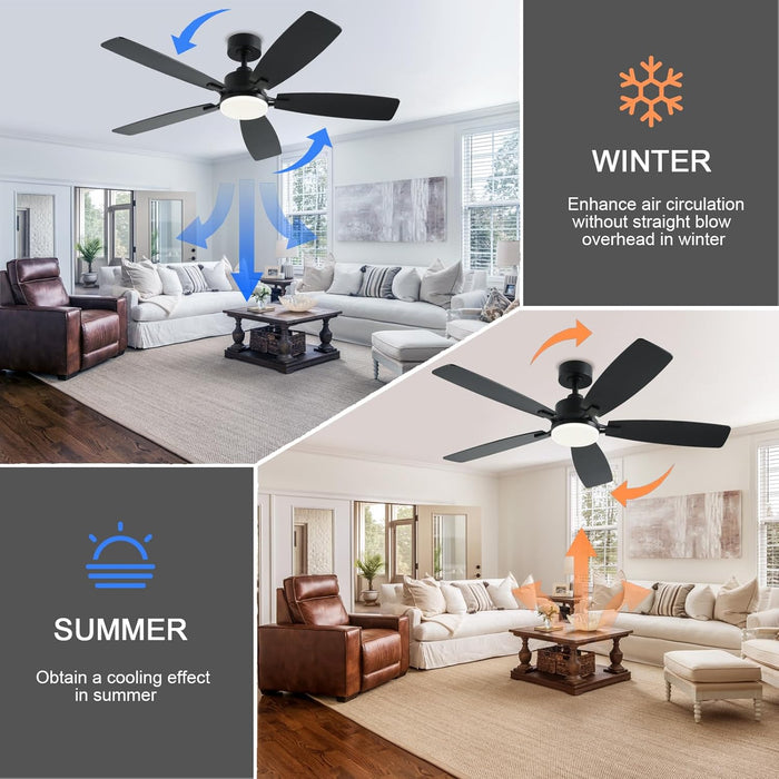 52 Inch Ceiling Fans with Lights, Black Ceiling Fan and Remote/App Control, 2 Downrods, DC Reversible, Noiseless, Dimmable, 5 Dual-Sided Blades Modern Ceiling Fan for Indoor/Outdoor Use