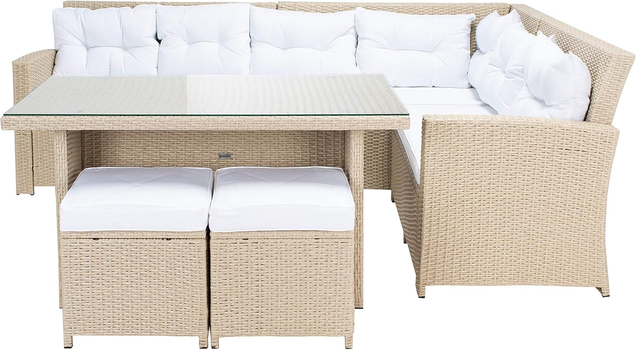 SAFAVIEH Outdoor - Miki 6-Piece Corner Sectional - Beige & White - Faux Wicker & Steel Frame - Wicker Sectional Set with Glass Table - Ideal for Patio, Deck, Porch, Backyard (PAT7708B)