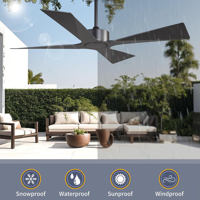 54" Wet Rated Outdoor Ceiling Fan without Lights, 4 ABS Plastic Blades, Reversible DC Motor, 6-Speed Remote Control, Waterproof Ceiling Fan No Lights for Patio Porch Gazebo Garage, Black
