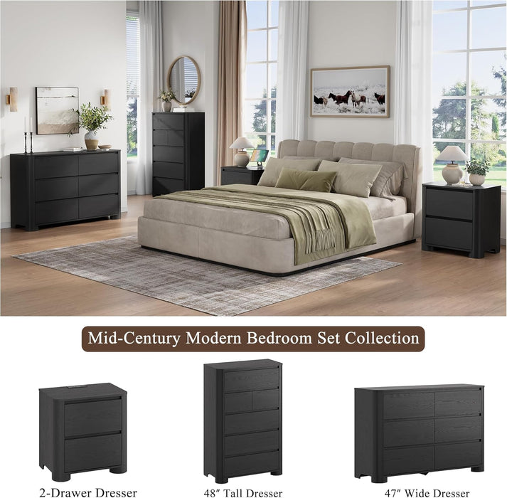 Black Dresser for Bedroom with 6 Drawers, 47" W Modern Chest of Drawers with Unique Thickened Foot, Rounded Corner Design, Wooden Dresser Organizer for Bedroom, Living Room, Hallway