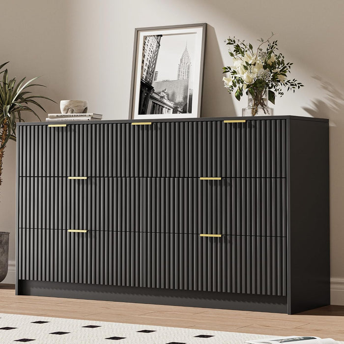 56" Wide Fluted 7-Drawer Dresser for Bedroom, Black
