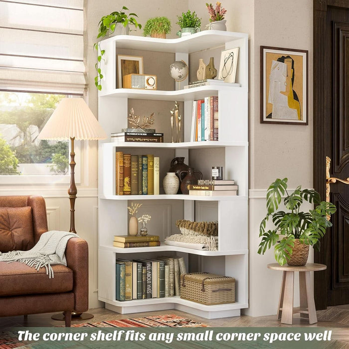 Corner Book Shelf - 6 Tier Corner Bookshelf Etagere Bookcase with Baffle, Freestanding L Shaped Display Shelf Stand for Home Office, Living Room, Bedroom, Kitchen, White